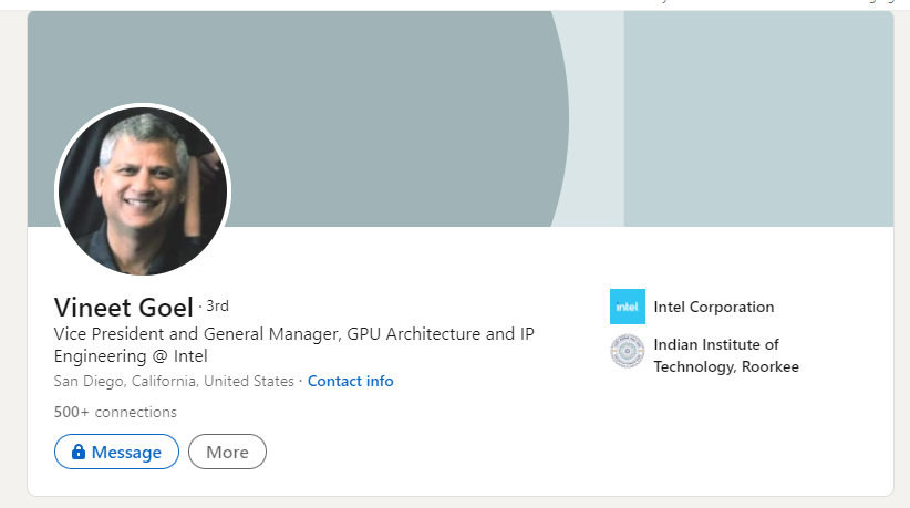 Vineet Goel who has moed from AMD to Intel's GPU team