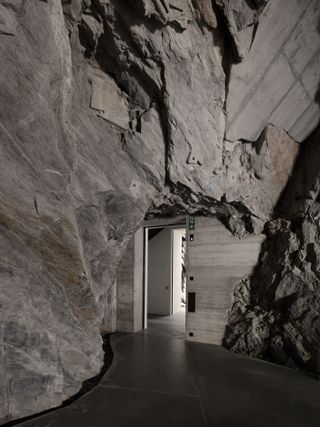 Interior of a cave with entrance and wooden wall