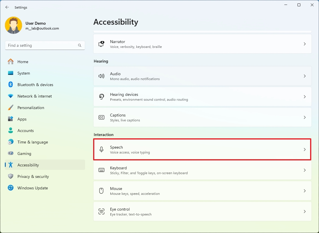 Open Speech settings