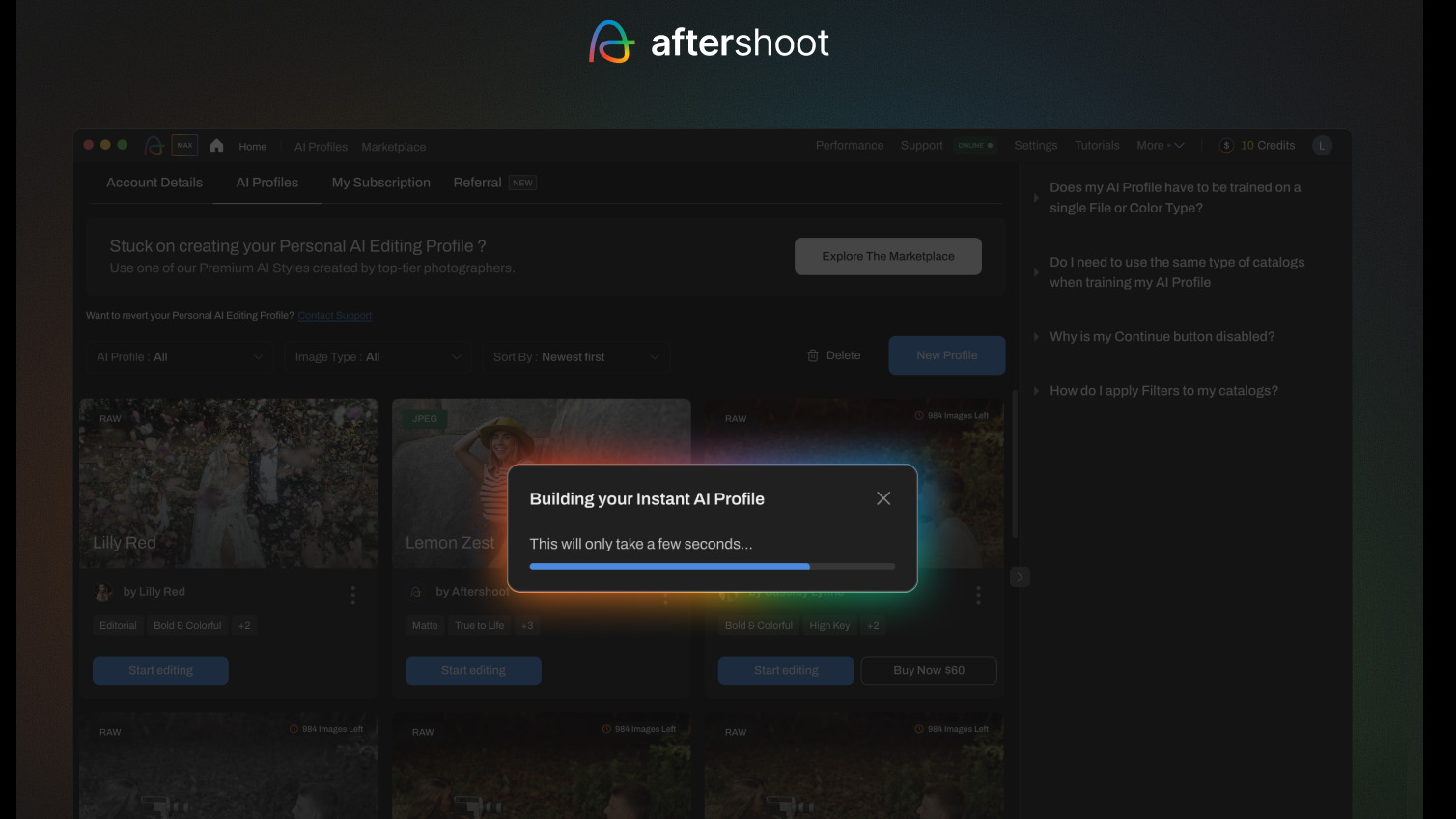 Aftershoot screenshot showing how to create an Instant AI Profile 