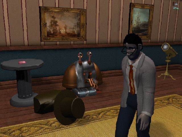 A man walks past a robot.