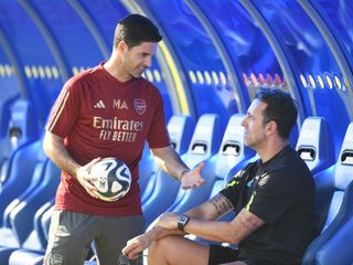 Arsenal manager Mikel Arteta with Sporting Director Edu Gaspar during a training session at NAS Sports Complex on January 13, 2024 in Dubai, United Arab Emirates.