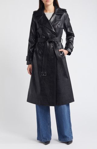 Belted Double Breasted Faux Leather Trench Coat