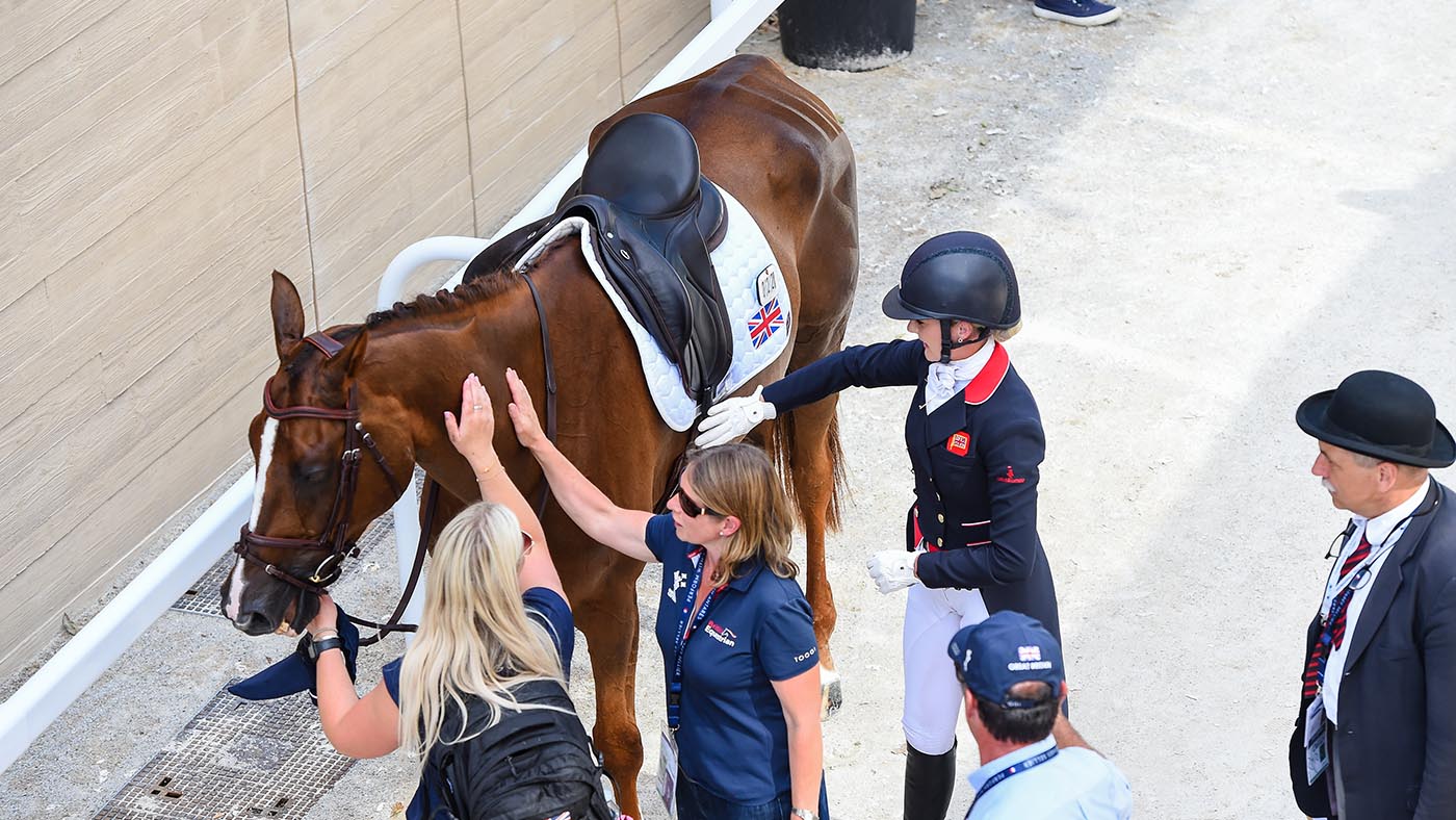 Yasmin INGHAM riding BANZAI DU LOIR for GBR after finishing the dressage phase at FEI Eventing European Championship in Haras du Pin in Normandy in France between the 9th-13th August 2023