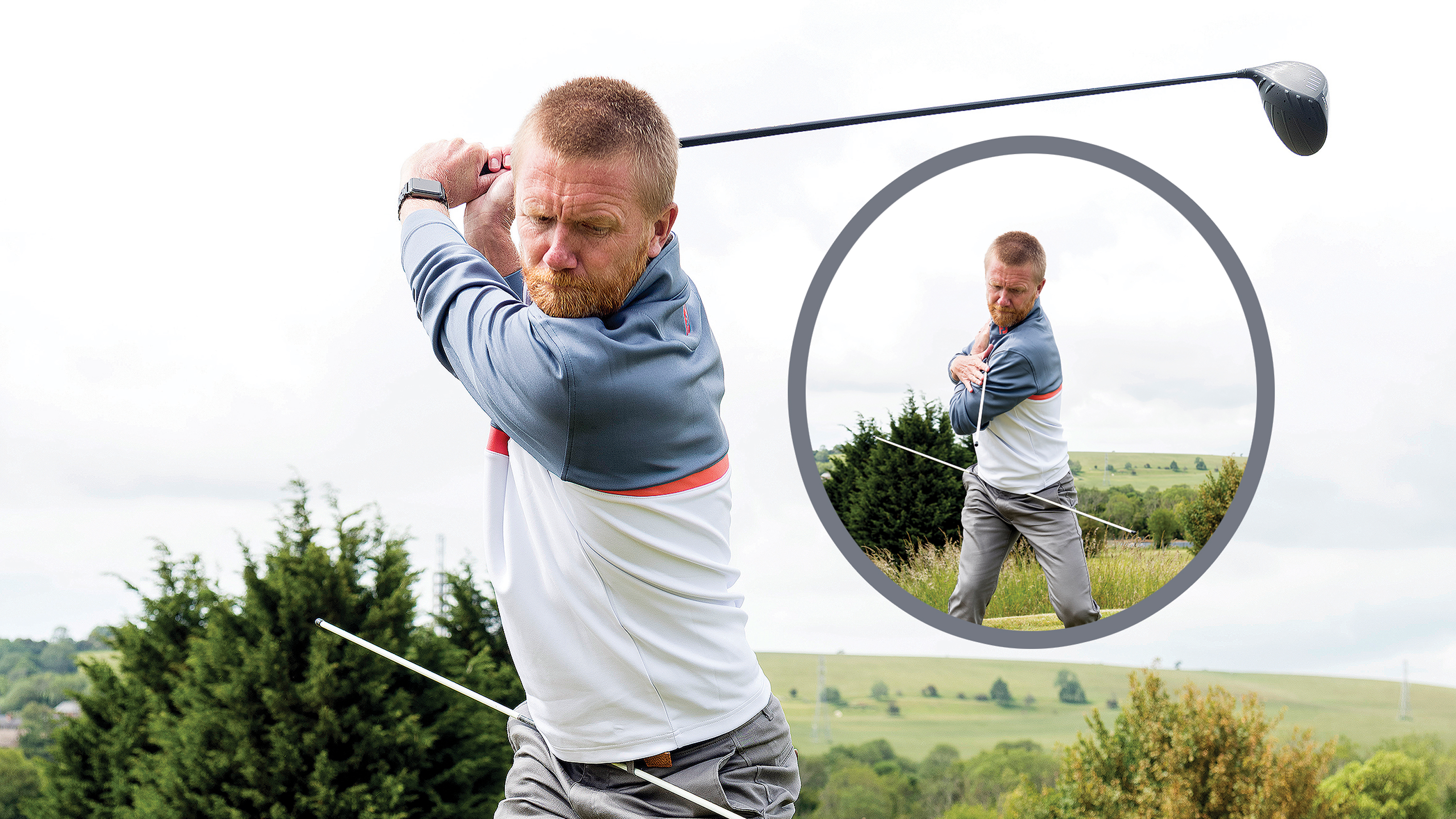 PGA Pro Andrew Jones demonstrating an effective coil in the backswing while swinging a driver, with an inset image of a drill for amateur golfers to learn the crucial skill which boosts distance