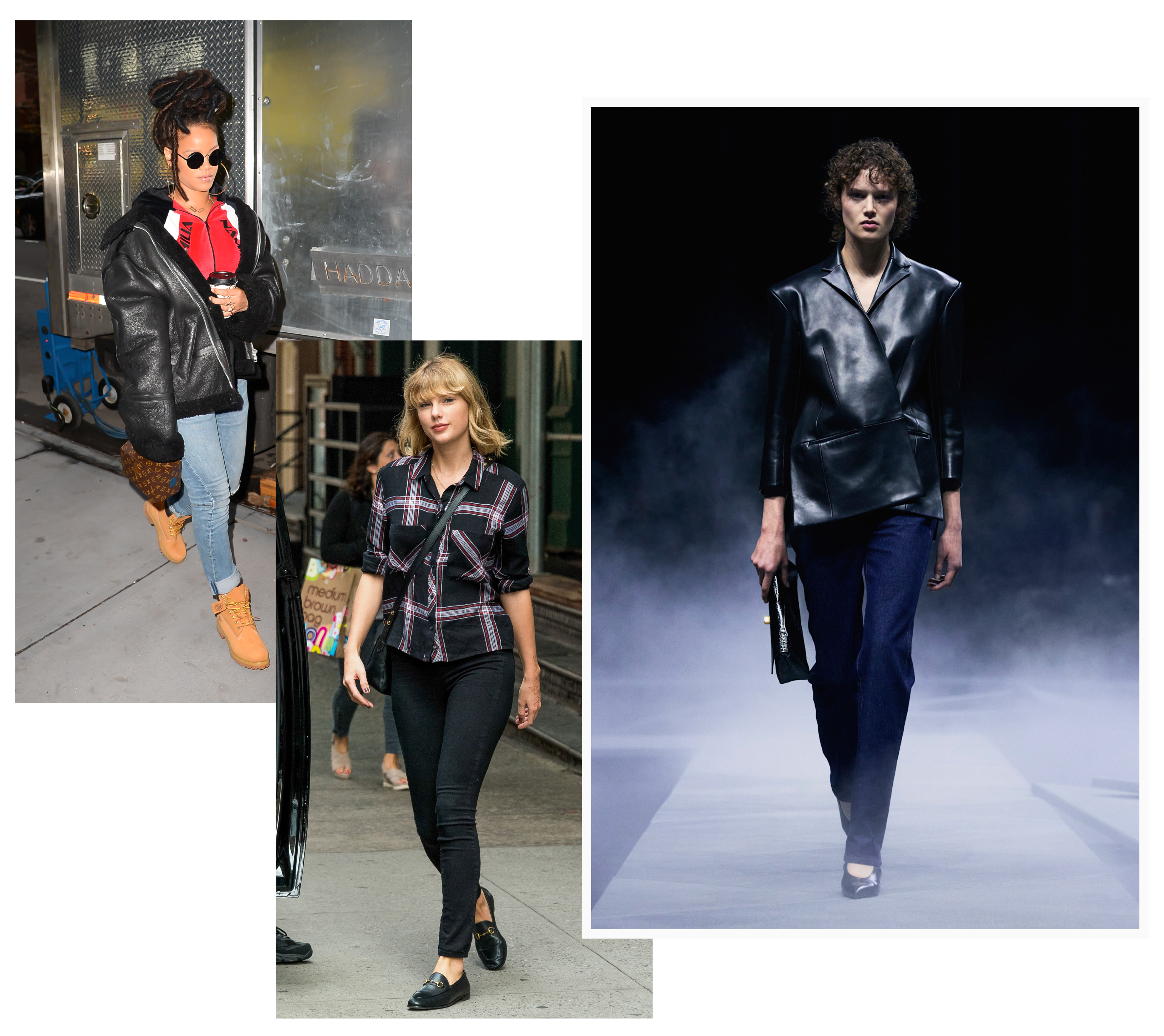 Rihanna and Taylor Swift wearing skinny jeans in 2016, a model wearing dark blue skinny jeans on Khaite Spring 2026 runway