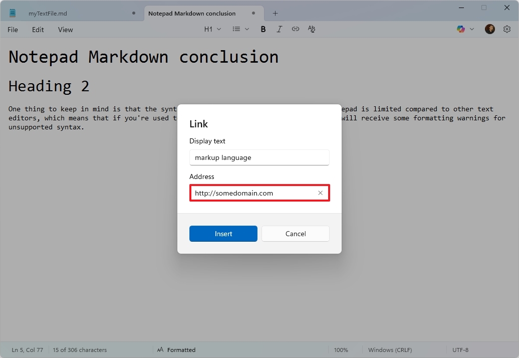 Notepad insert link with Markdown