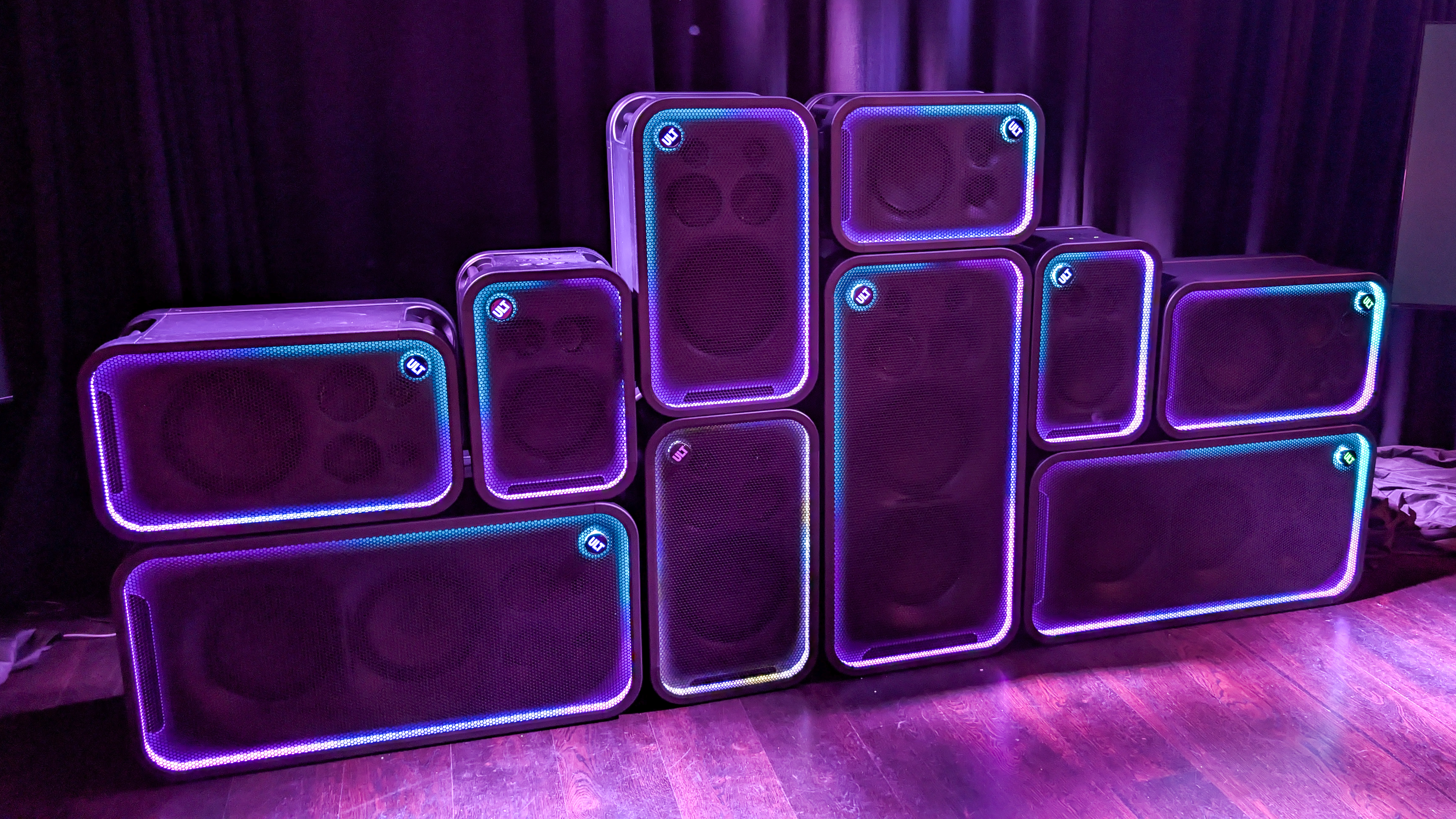 An arrangement of Sony ULT Tower 5, ULT Tower 7 and ULT Tower Max