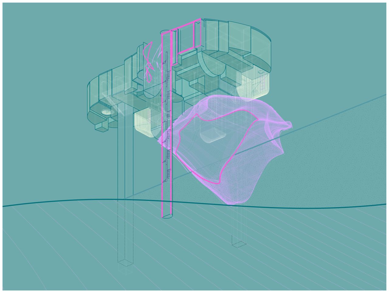 A project of a home by Anam Ahmed. The background is turquoise and the lines are green and pink.