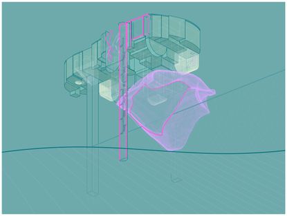 A project of a home by Anam Ahmed. The background is turquoise and the lines are green and pink.