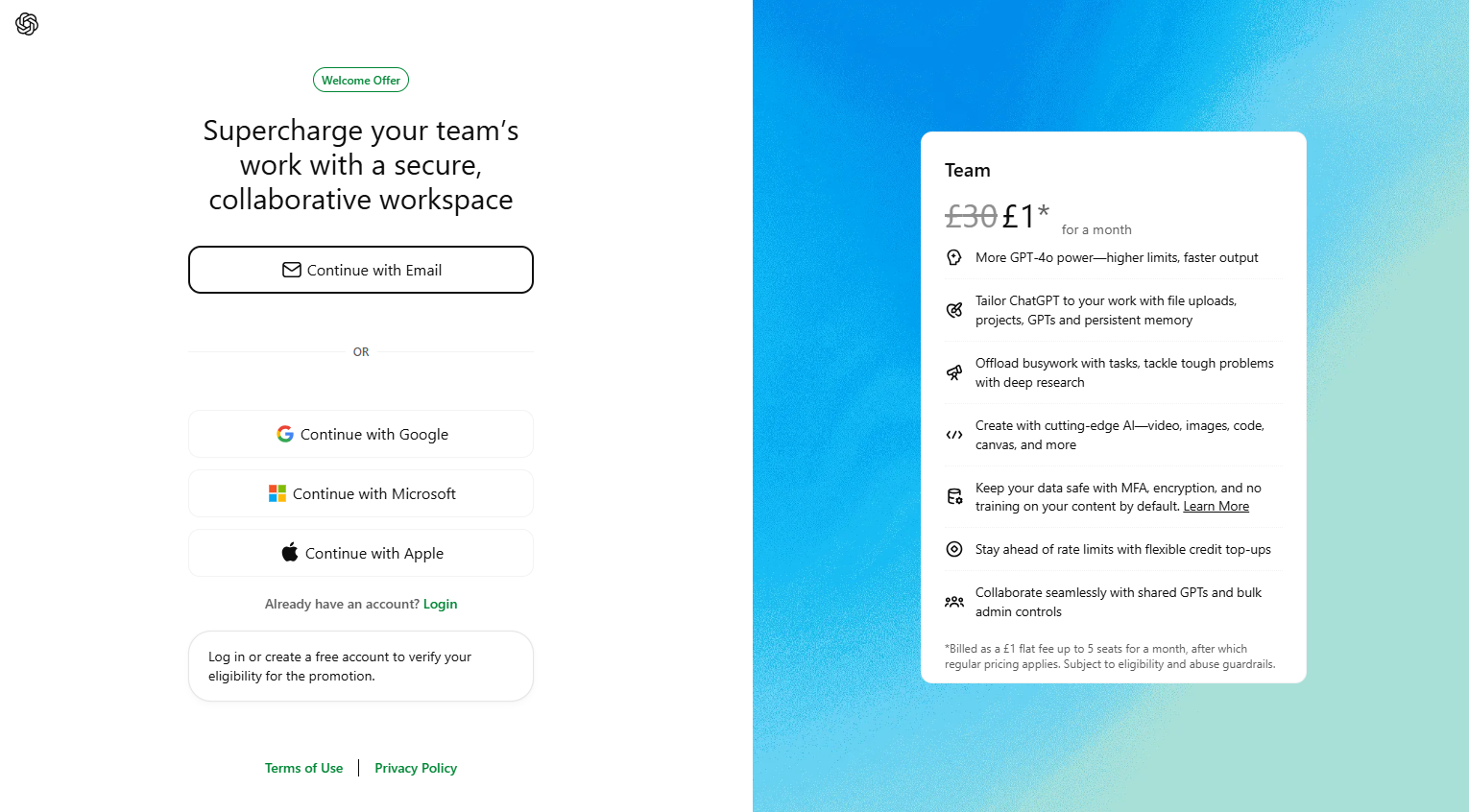 Screenshot of ChatGPT Teams page