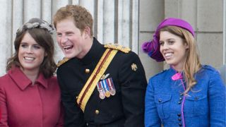 Prince Harry, Princess Eugenie and Princess Beatrice attend the 2012 Trooping the Colour in 2012