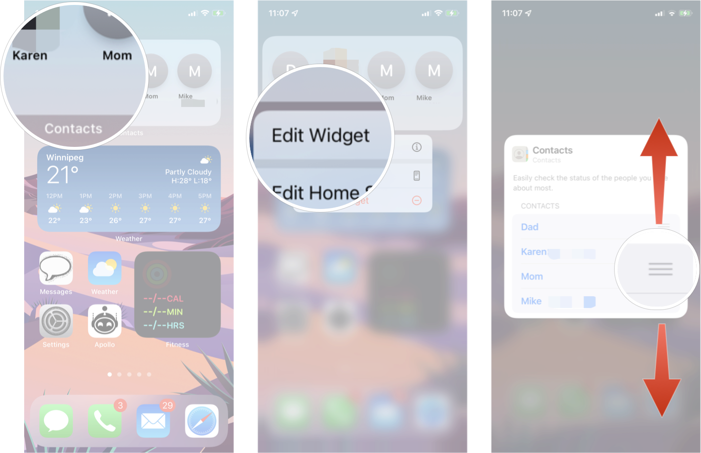 Edit Contacts Widget In IOS 15: Long press the contacts widget, tap edit widget, and then tap and drag the re-order button to the position you want.