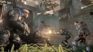 Screenshot from Gears of War Judgment showing Damon Baird and his squad fighting the Locust.