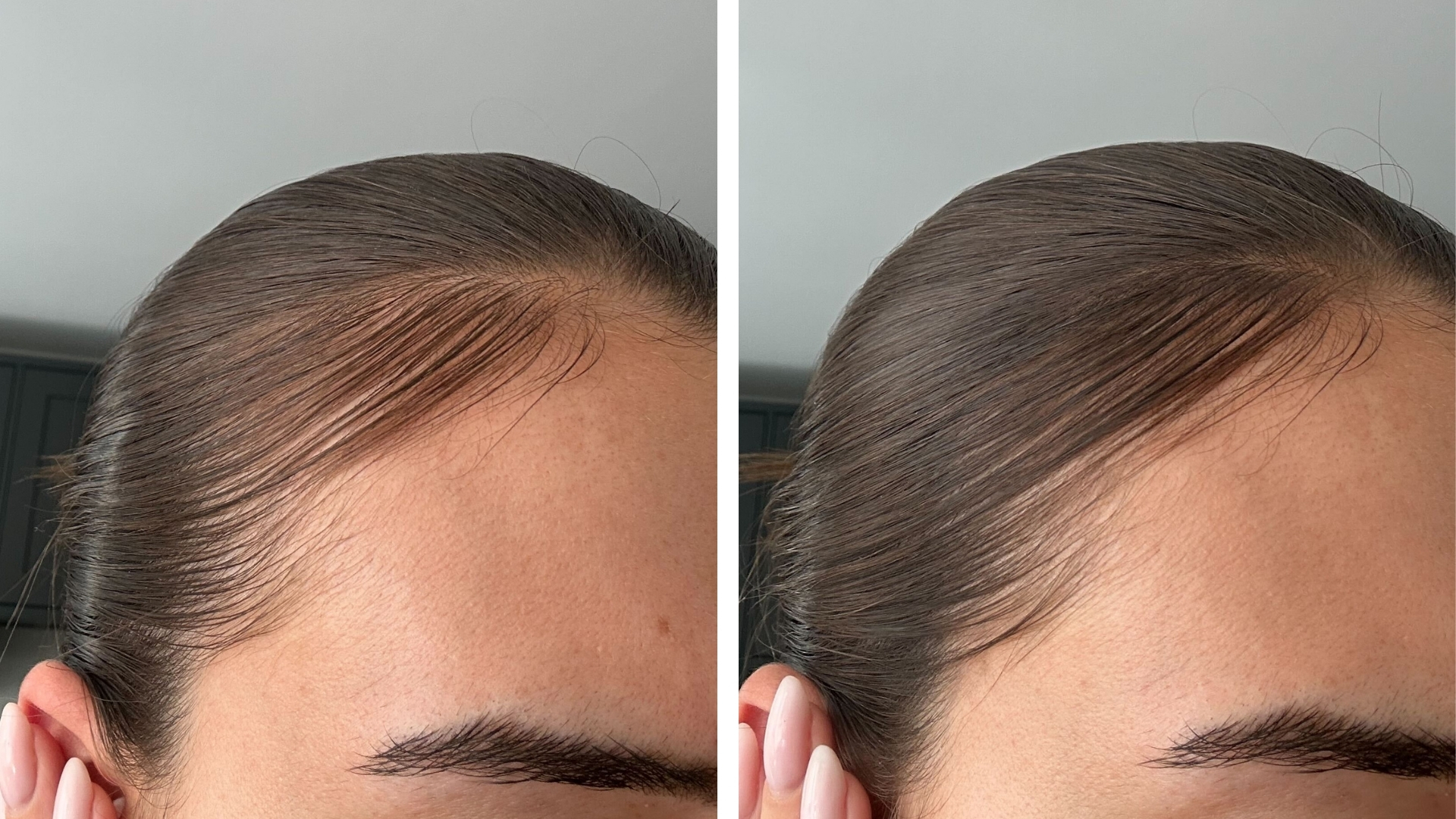 Images showing the before and after of using Laura Geller's Root Touch Up Cream and Powder Stick