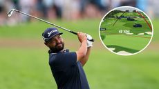 Main image of JJ Spaun hitting an iron shot during the final round of the 2025 US Open with inset screenshot of one unlucky shot
