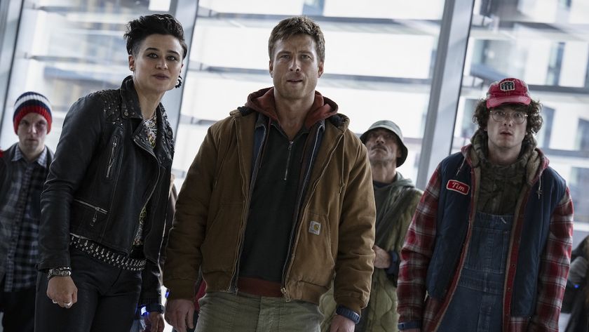 Katy O&#039;Brien, Glen Powell and Martin Herlihy in Running Man