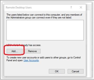 screenshot showing how to add users for remote desktop on Windows