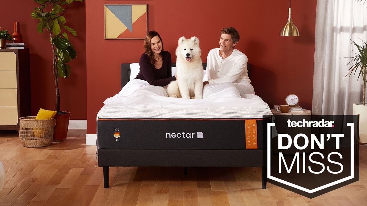 Nectar Premier Copper mattress, with two people and a dog sitting on it, with a badge saying &#039;Don&#039;t miss&#039;