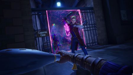 An image shows Thick as Thieves character Cameron wielding a bat against another player in first-person, who is also holding a bat