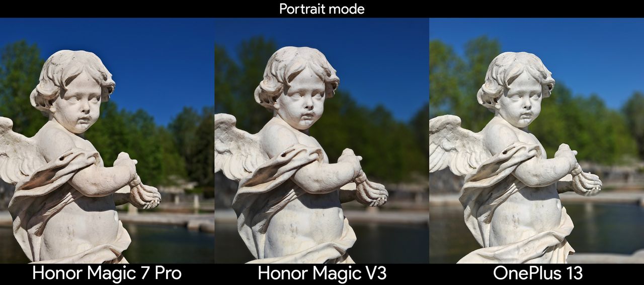 Comparing the main cameras between the Honor Magic V3, Honor Magic 7 Pro, and OnePlus 13 using portrait mode on a statue