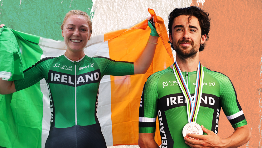 Lara Gillespie and Ben Healy with an Irish flag background.