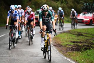 LAGOS DE COVADONGA SPAIN SEPTEMBER 03 Wout van Aert of Belgium and Team Visma Lease a Bike Green Points Jersey competes in the breakaway during the La Vuelta 79th Tour of Spain 2024 Stage 16 a 1815km stage Luanco to Lagos de Covadonga 1069m UCIWT on September 03 2024 in Lagos de Covadonga Spain Photo by Tim de WaeleGetty Images