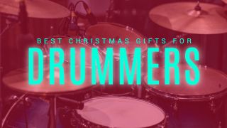 Drum kit with a red overlay and blue text saying 'best Christmas gifts for drummers'