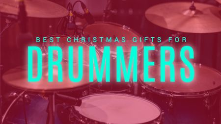 Drum kit with a red overlay and blue text saying 'best Christmas gifts for drummers'