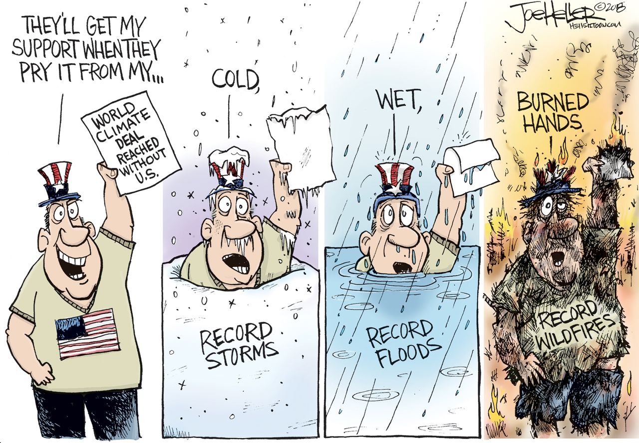 Political cartoon U.S. climate change denial world climate deal record storms floods wildfires