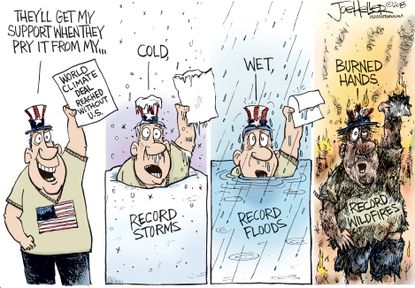 Political cartoon U.S. climate change denial world climate deal record storms floods wildfires