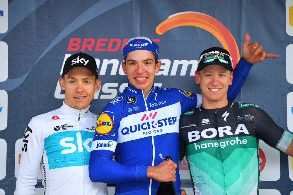 Kristoffer Halvorsen (Team Sky), &Aacute;lvaro Jos&eacute; Hodeg (Quick-Step Floors) and Pascal Ackermann (Bora-Hansgrohe) on the Handzame Classic podium