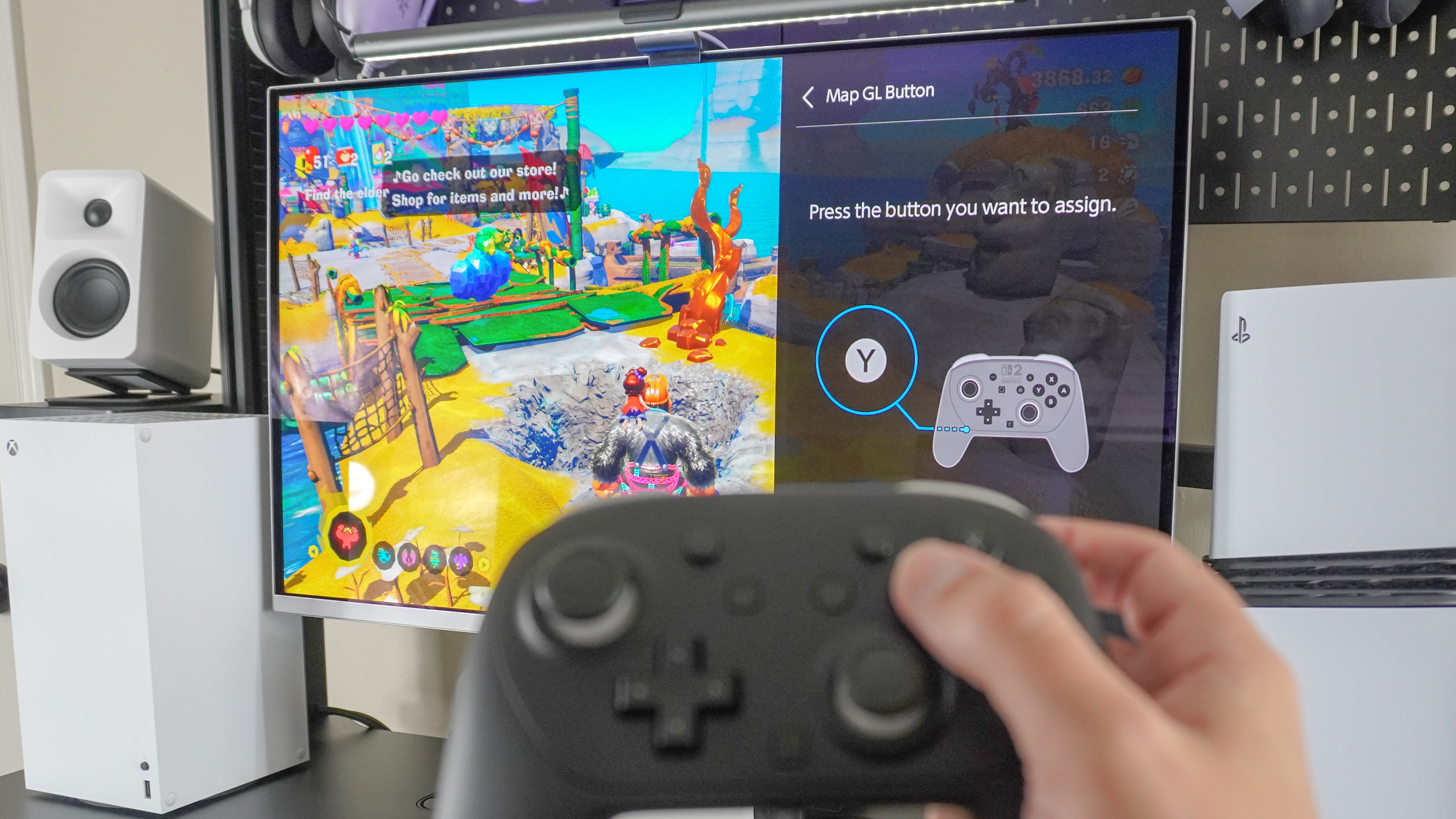 A person playing Donkey Kong Banazna with a Nintendo Switch 2 Pro Controller with the Quick Settings menu on screen showing how you remap buttons to the controller's GL/GR buttons