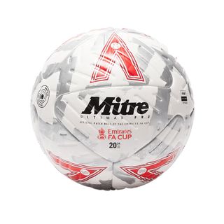 A white and grey football with three red triangles has 'Mitre' written on it and the FA Cup logo in red.