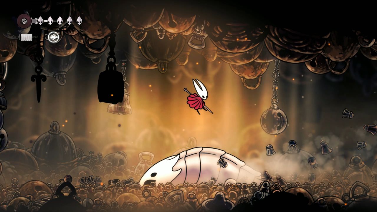 Silksong Bell Beast: Hornet jumping over the Bell Beast as it charges across the ground.