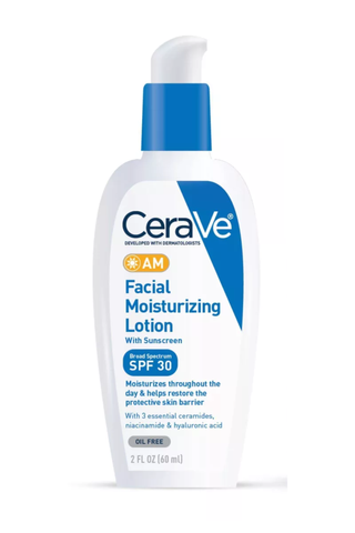 A bottle of CeraVe Facial Moisturizing Lotion set against a white background.