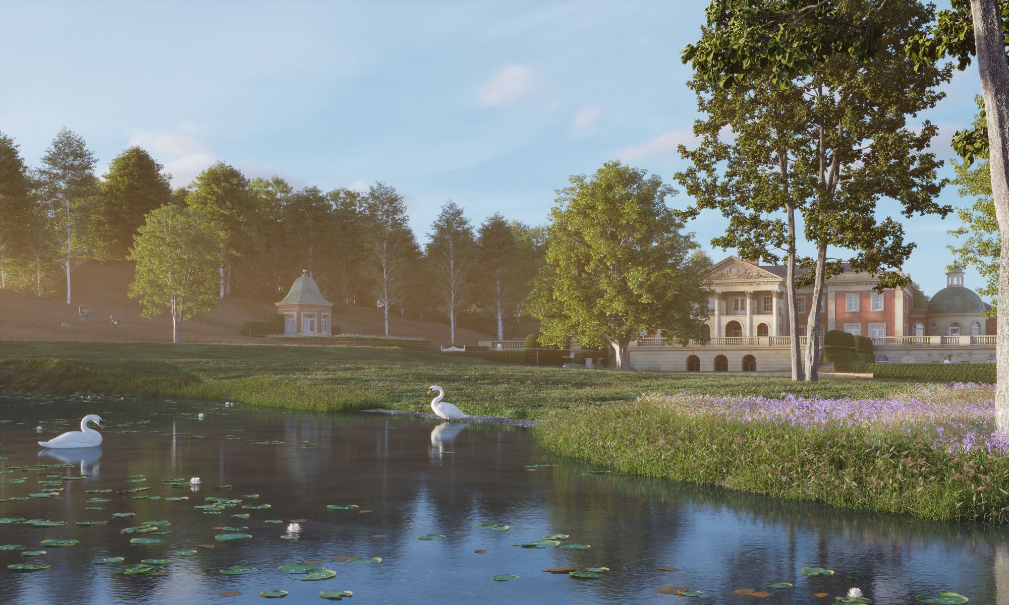 CGI view of the lake on the property with swans with the proposed property in the distance alongside trees