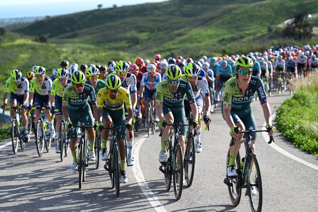 TAVIRA PORTUGAL FEBRUARY 16 LR Daniel Felipe Martinez of Colombia Yellow leader jersey and Maximilian Schachmann of Germany and Team BORA hansgrohe compete during the 50th Volta ao Algarve em Bicicleta 2024 Stage 3 a 1922km stage from Vila Real de Santo Antonio to Tavira on February 16 2024 in Tavira Portugal Photo by Dario BelingheriGetty Images