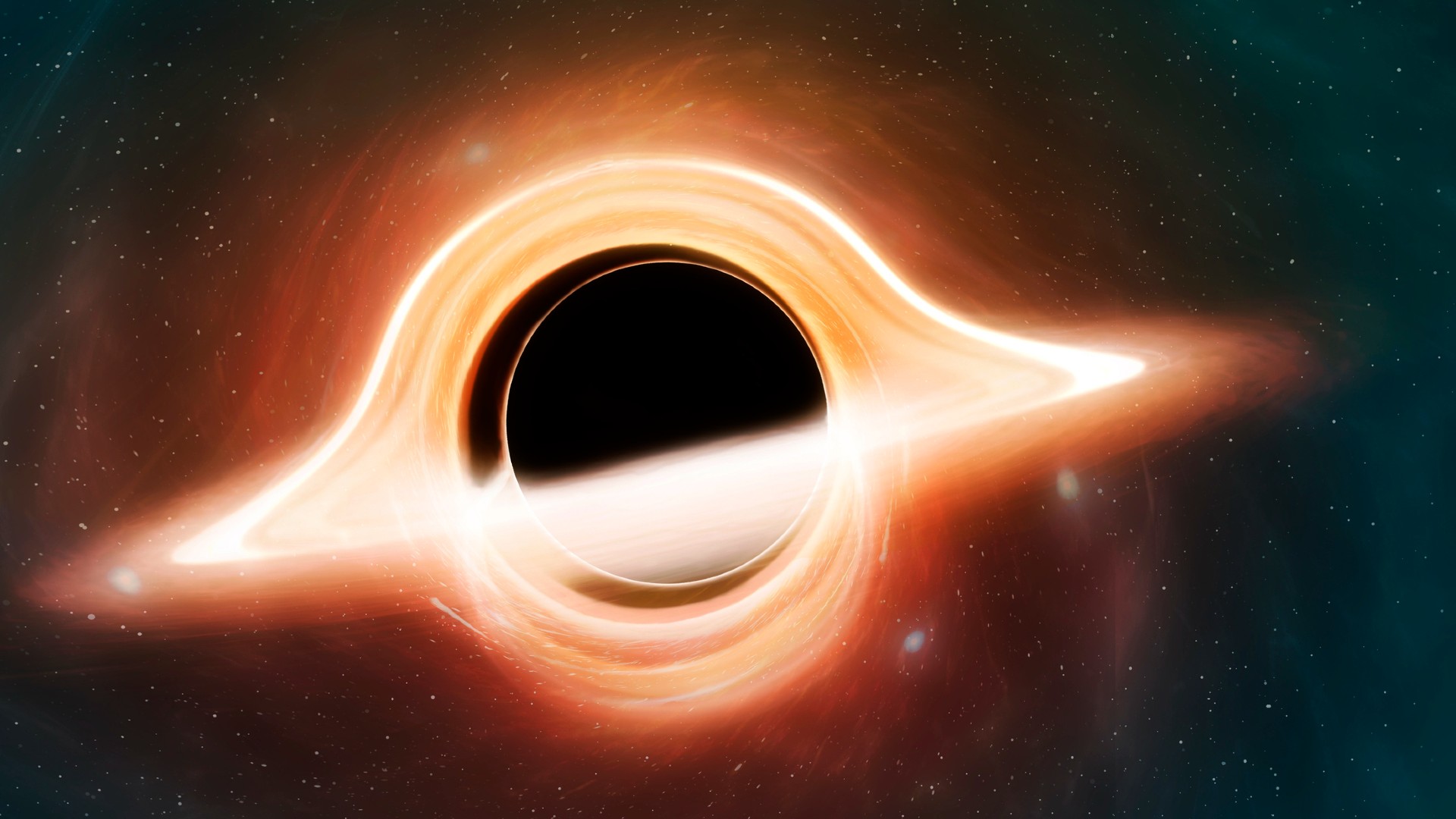 An illustration of a black hole with a large spherical black void surrounded by bright orange and white material.