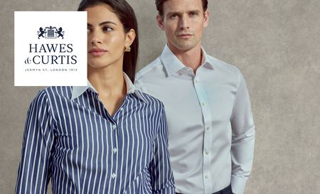 Woman wearing Hawes and Curtis's formal blue striped shirt and man wearing formal white shirt