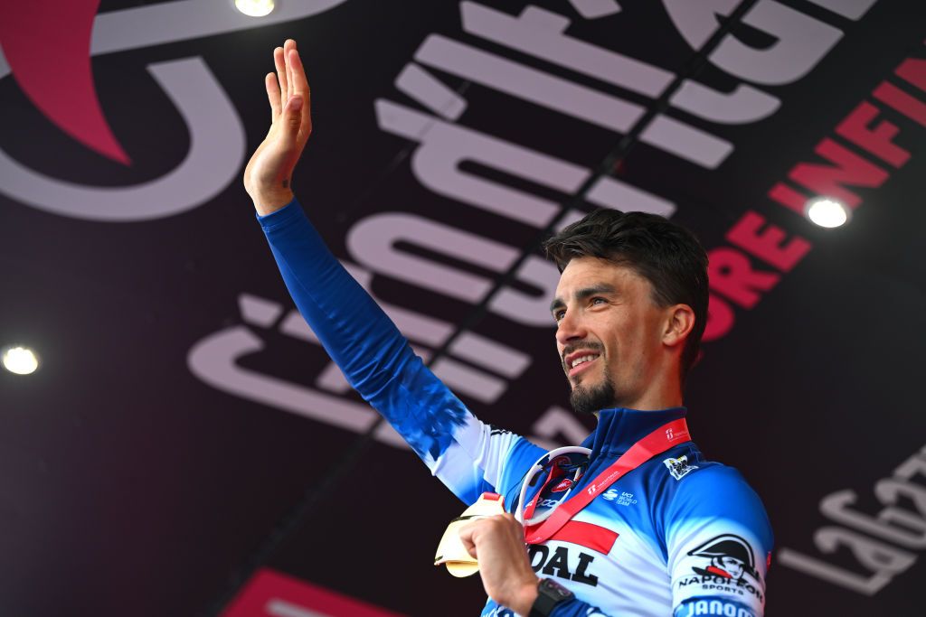 FANO ITALY MAY 16 Julian Alaphilippe of France and Team Soudal QuickStep celebrates at podium as stage winner during the 107th Giro dItalia 2024 Stage 12 a 193km stage from Martinsicuro to Fano UCIWT on May 16 2024 in Fano Italy Photo by Tim de WaeleGetty Images