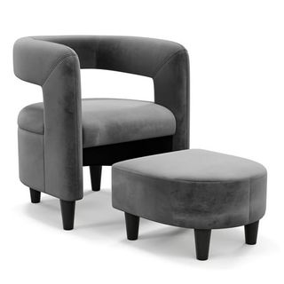 Costway Comfy Accent Armchair With Footrest Upholstered Velvet Barrel Chair & Ottoman Set Grey