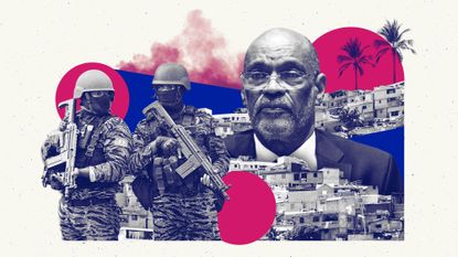 Photo composite of Haitian prime minister Ariel Henry, soldiers and buildings in Port-Au-Prince