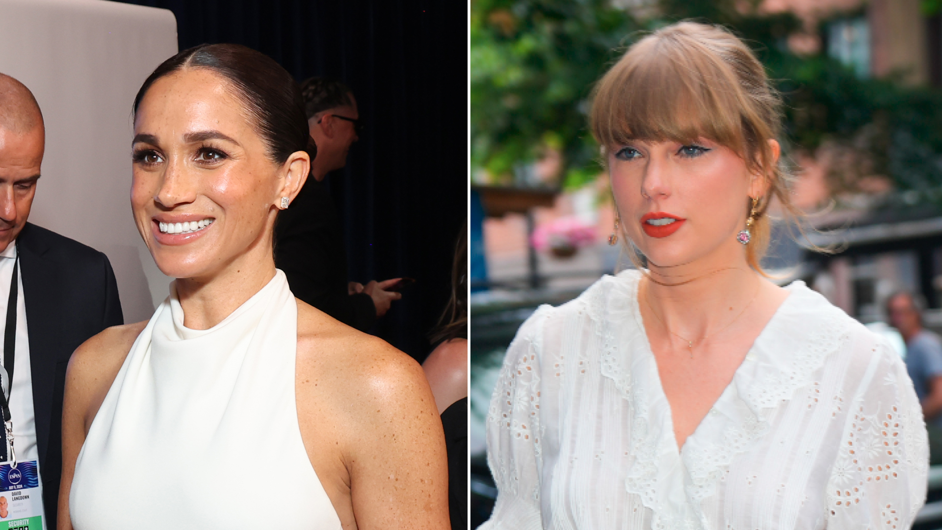 Meghan Markle wears a white halter dress and Taylor Swift wears a white Dôen top