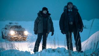 Jodie Foster and Kali Reis as police officers in a snowy landscape in True Detective: Night Country.