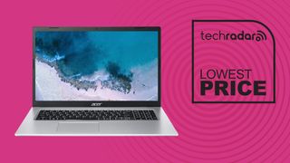An Acer Aspire 1 laptop against a pink TechRadar black friday deal background