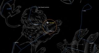 night sky map showing the moon shining to the upper left of regulus.