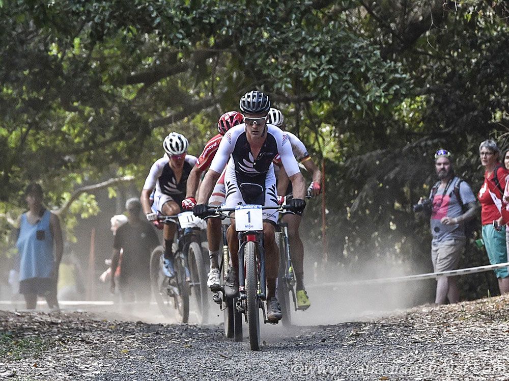 Sam Gaze (New Zealand) at the front of a diminishing lead group