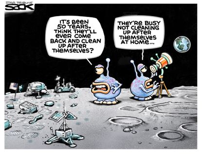 Political Cartoon U.S. Apollo 11 Moon Landing Trash Aliens