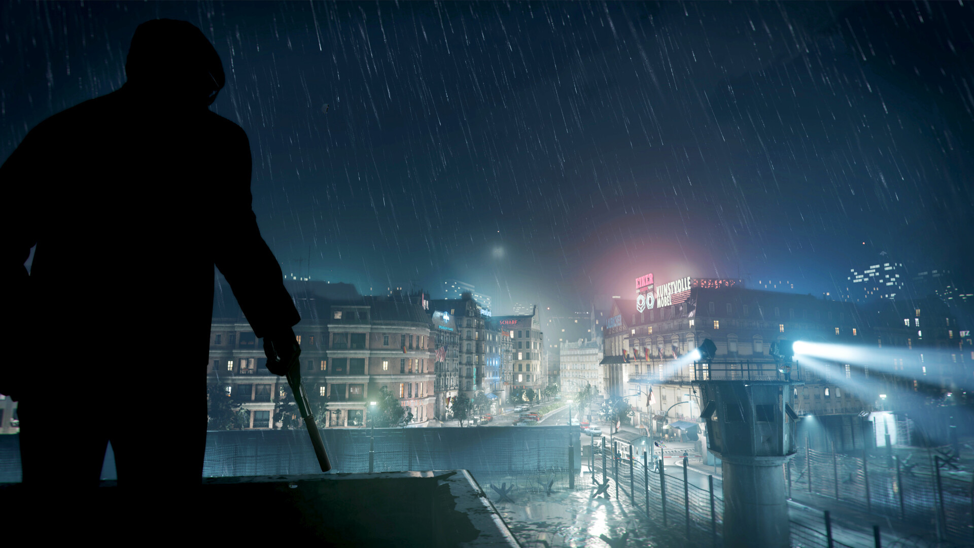 Black Ops games in order: A man holding a gun at night while looking over a rainy city in Call of Duty Black Ops Cold War.